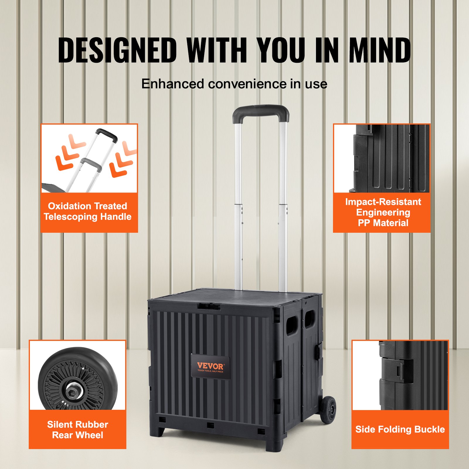 VEVOR Boodschappentrolley Opvouwbaar 24,9 kg (Dynamisch) / 36,2 kg (Statisch) Trolley van PP-mand en robuuste rubberen wielen Boodschappenmand Boodschappentrolley Opvouwbare box met wielen bedwingt alle soorten terrein