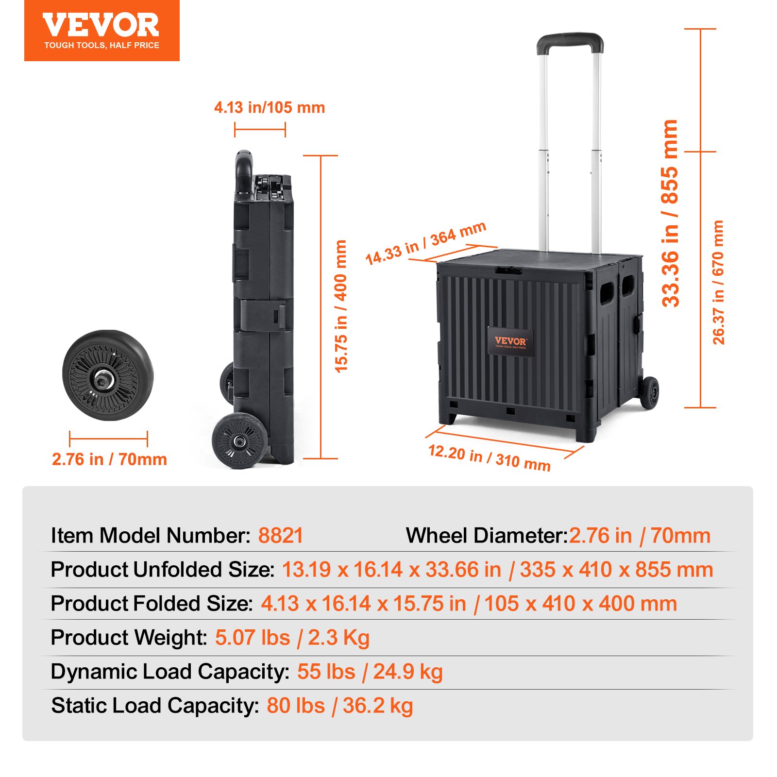 VEVOR Boodschappentrolley Opvouwbaar 24,9 kg (Dynamisch) / 36,2 kg (Statisch) Trolley van PP-mand en robuuste rubberen wielen Boodschappenmand Boodschappentrolley Opvouwbare box met wielen bedwingt alle soorten terrein
