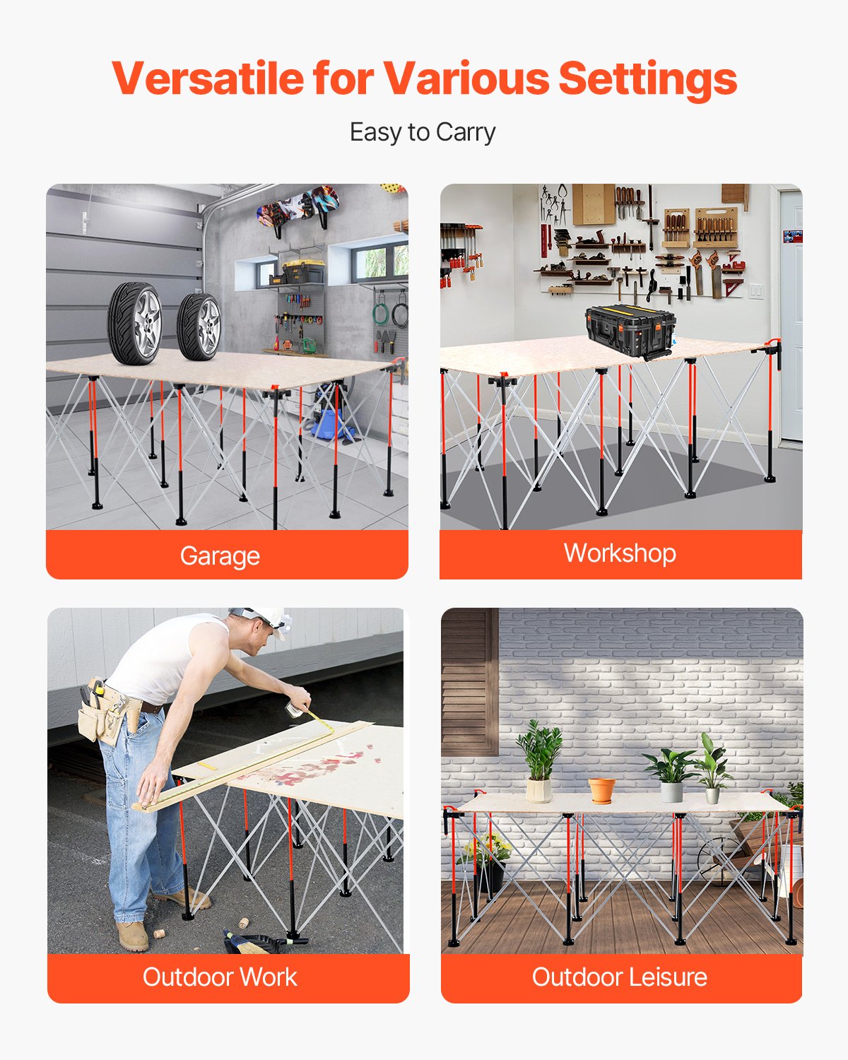 VEVOR Portable Folding Workstand, 1865 x 1261 mm Collapsible Workbench, 2041 kg Weight Capacity, No Assembly Foldable Work Stand with Storage Bag, Table Top NOT Included, for Garage Workshop Outdoor