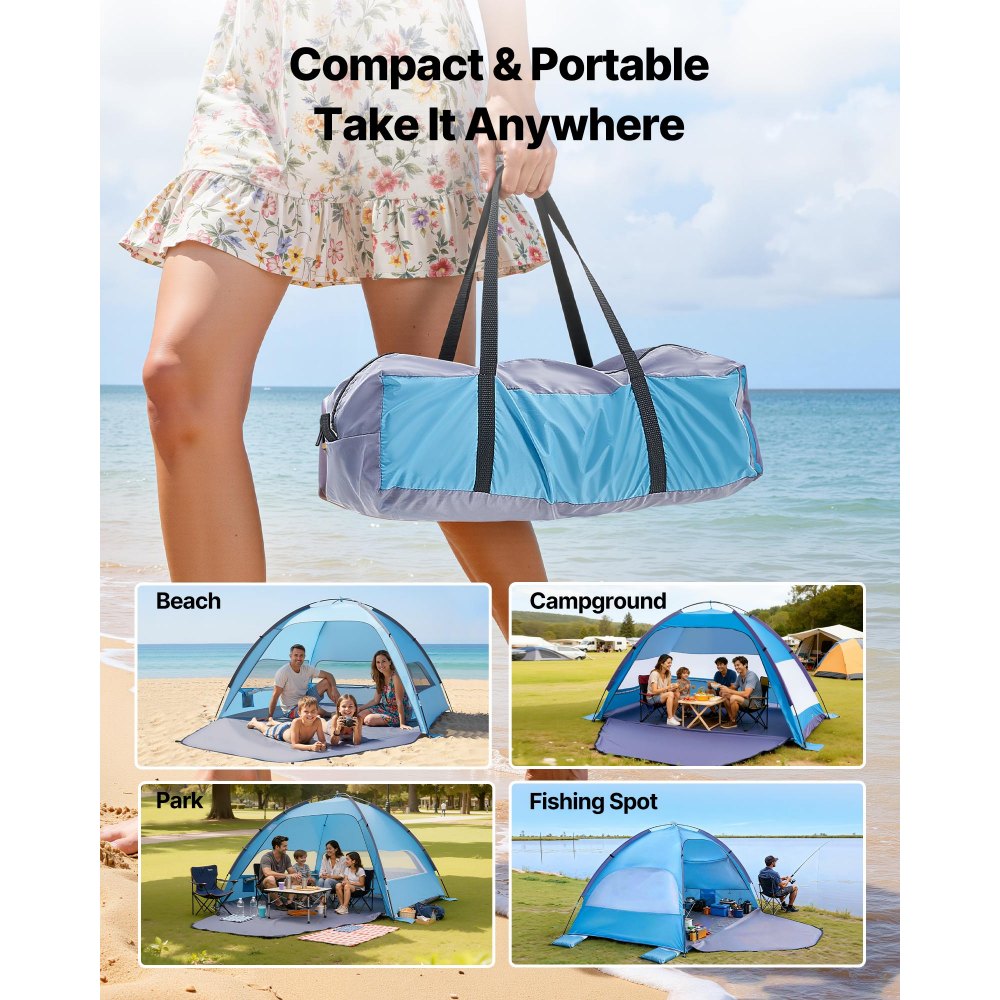 VEVOR strandtent/zonnescherm voor 4 personen, UPF 50+ bescherming, draagbare strandtent met draagtas en grondankers, lichtgewicht strandparasol voor kamperen, vissen, picknicken, zonnetent