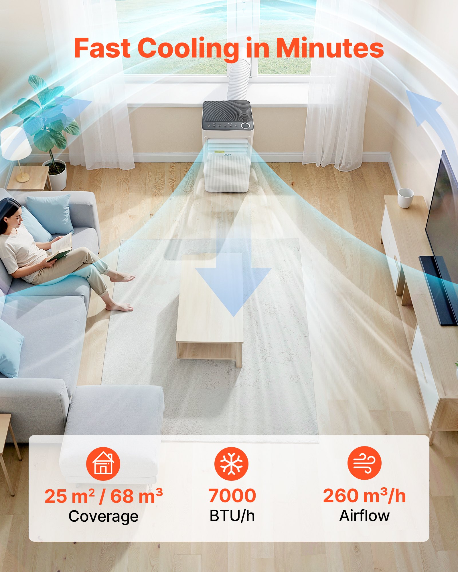 VEVOR Mobiele Airconditioner 7000 BTU 2,05 kW met afvoerslang, 3-in-1 draagbare airconditioner met koeling, ventilatie en ontvochtiging, LED-display, afstandsbediening en 24-uurs timer voor gebruik binnenshuis