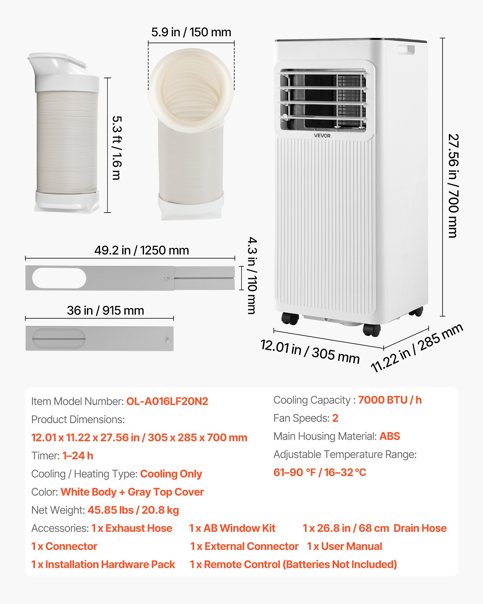VEVOR Mobiele Airconditioner 7000 BTU 2,05 kW met afvoerslang, 3-in-1 draagbare airconditioner met koeling, ventilatie en ontvochtiging, LED-display, afstandsbediening en 24-uurs timer voor gebruik binnenshuis