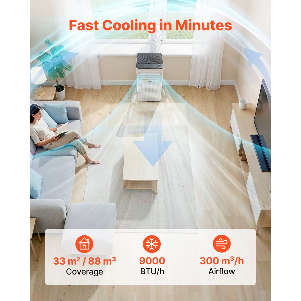 VEVOR Portable Air Conditioner, 9000 BTU 2.6kW 3-in-1 Standing Cooling Ac Unit, LED Touch Panel & Remote Control, 24h Timer, Cooling/Dehumidifier/Fan Mode for Room Indoor, White, Energy Efficiency: A