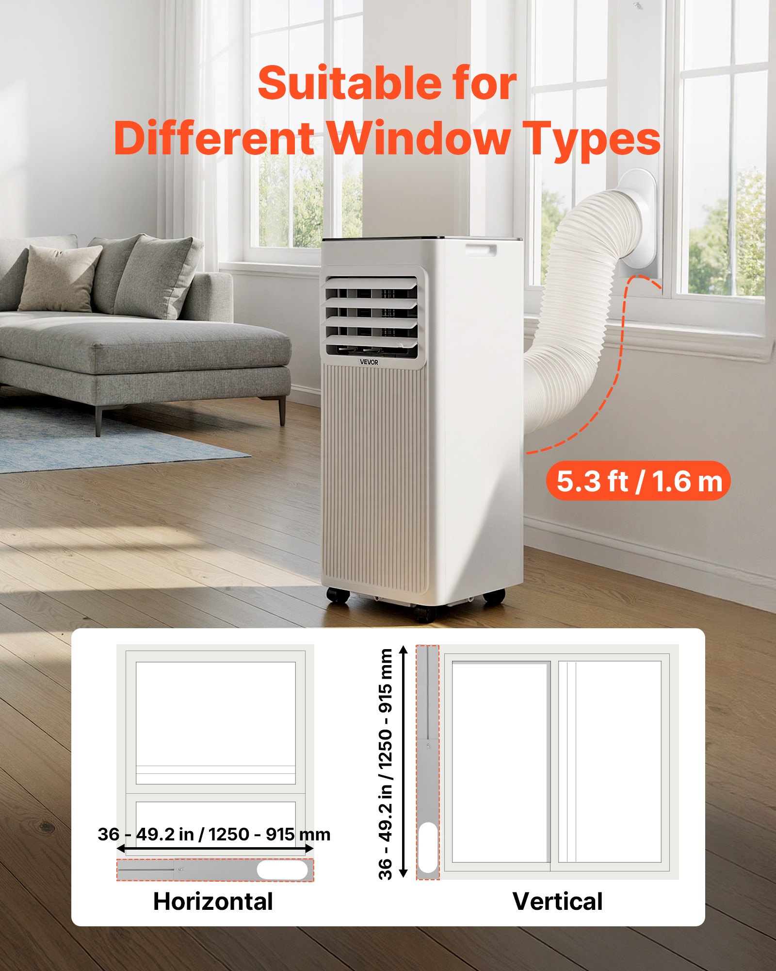 VEVOR Portable Air Conditioner, 9000 BTU 2.6kW 3-in-1 Standing Cooling Ac Unit, LED Touch Panel & Remote Control, 24h Timer, Cooling/Dehumidifier/Fan Mode for Room Indoor, White, Energy Efficiency: A