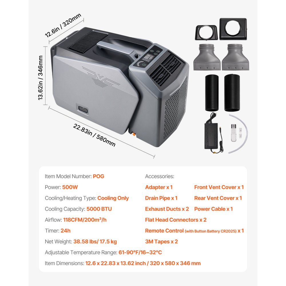 VEVOR draagbare airconditioner, 5000 BTU, 3-snelheden airconditioner met 24-uurs timer, koeler, instelbaar van 16-32 °C, AC/DC compatibel, gebruik op de camping, in de camper of thuis, grijs, 320 x 580 x 346 mm