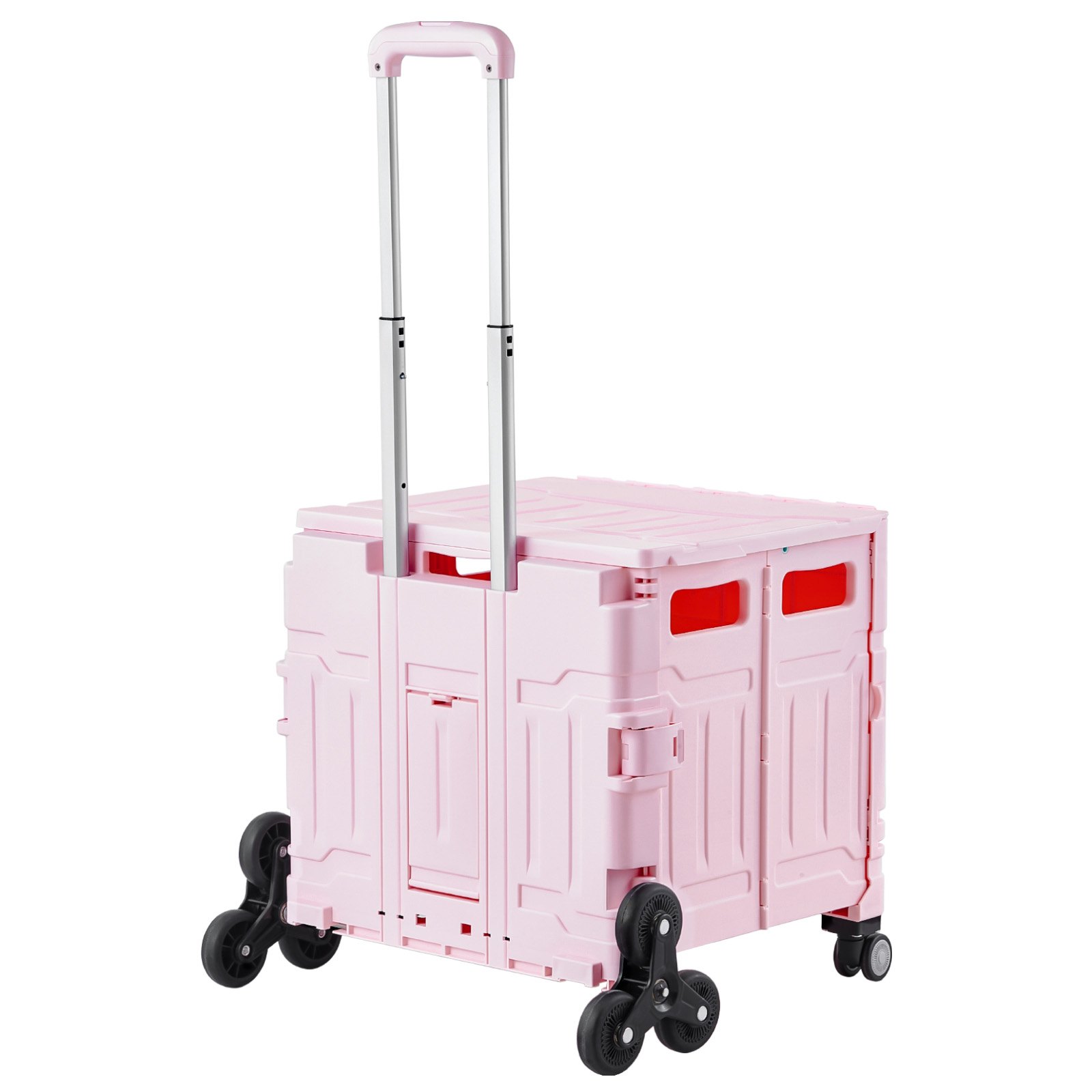 VEVOR Foldable Utility Cart, 65L Collapsible Portable Crate Rolling Cart with Stair Climbing Wheels & 360° Swivel Wheels, Hand Cart with Telescoping Handle for Shopping Office Moving Teacher, Pink
