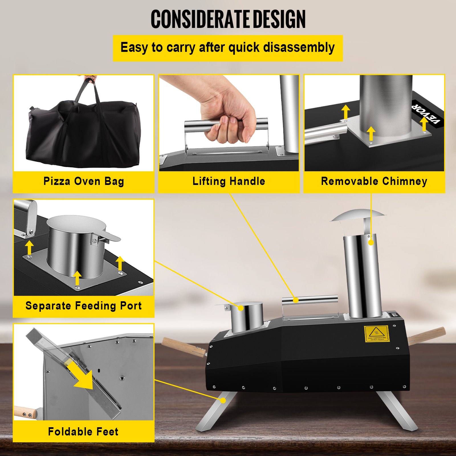 VEVOR Portable Pizza Oven, 12"Pellet Pizza Oven, Stainless Steel Pizza Oven Outdoor, Wood Burning Pizza Oven with Foldable Feet Portable Wood Oven with Complete Accessories & Pizza Bag for Outdoor Coo