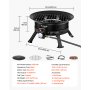 VEVOR Propane Fire Pit 60.5 cm, 53,000 BTU Portable Gas Fire Pit, with Grill Grate & Lava Rocks, Adjustable Flame, Folding Legs,Smokeless Outdoor Firebowl for Camping, Patio, Backyard, Deck, RV, Black