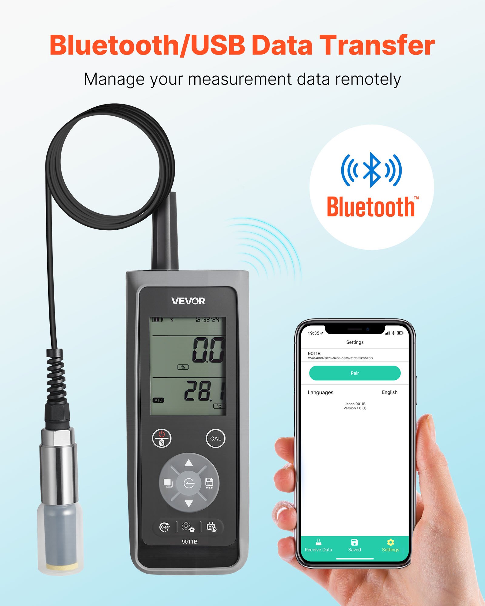 VEVOR Dissolved Oxygen Meter, 0.0-50.0 mg/L Measurement Range, Portable Dissolved Oxygen Tester Kit with 4 m Electrode Cable, Bluetooth/USB Data Transfer, 750 Data Sets Storage, DO Meter for Ponds