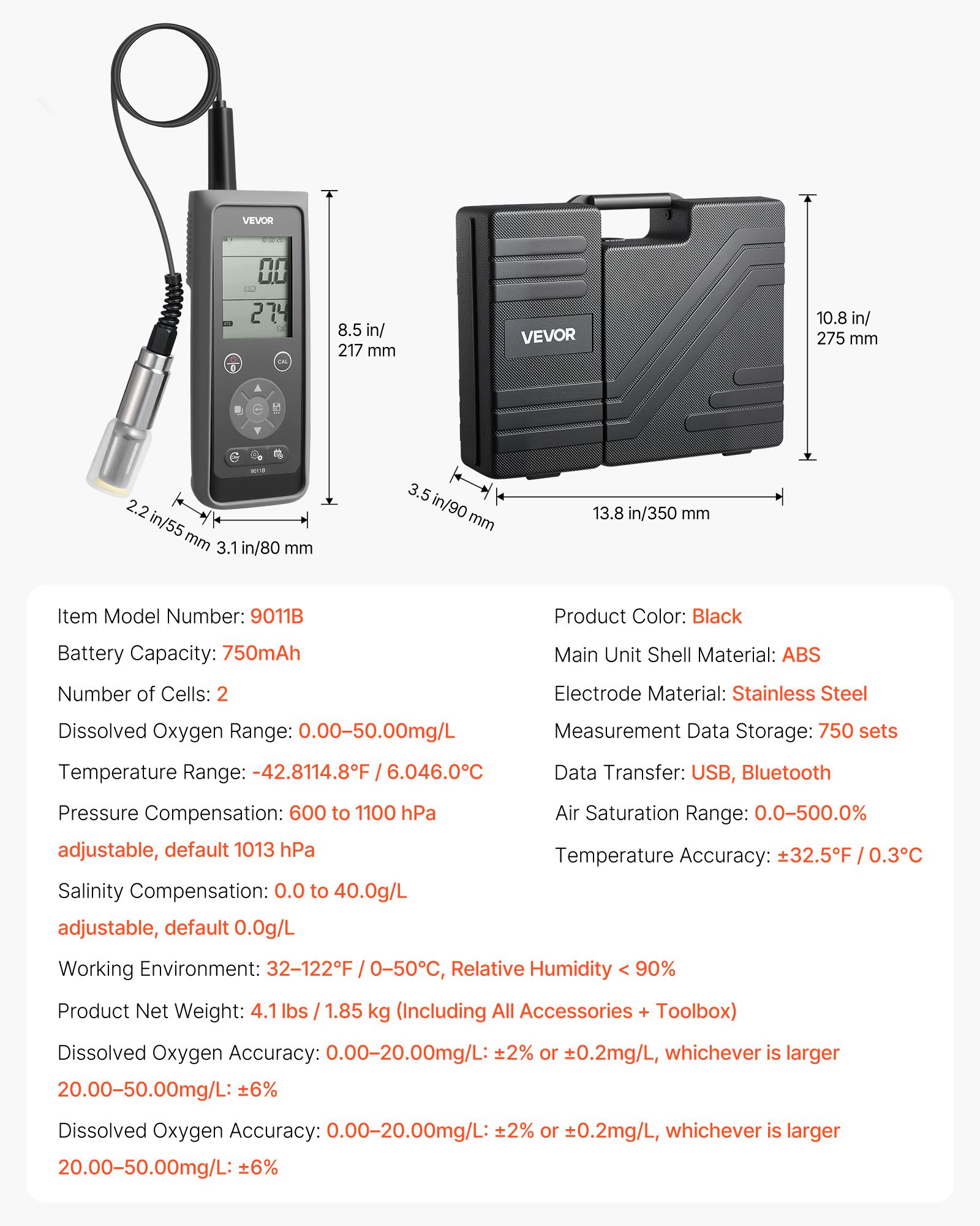VEVOR Dissolved Oxygen Meter, 0.0-50.0 mg/L Measurement Range, Portable Dissolved Oxygen Tester Kit with 4 m Electrode Cable, Bluetooth/USB Data Transfer, 750 Data Sets Storage, DO Meter for Ponds