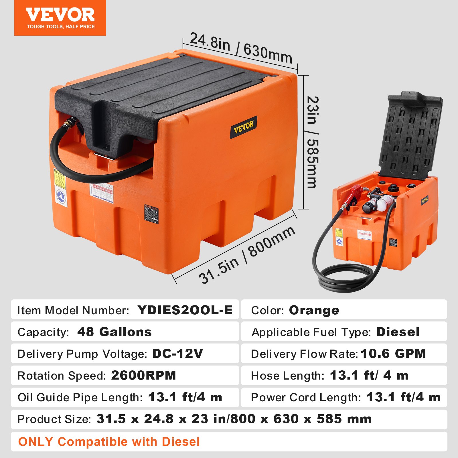 VEVOR Portable Diesel Tank, 48 Gallon, 10.6GPM Flow Rate, Diesel Fuel Tank with 12V Electric Transfer Pump, 13.1 ft Hose, Auto Fueling Nozzle, Diesel Transfer Tank for Easy Fuel Transportation, Orange