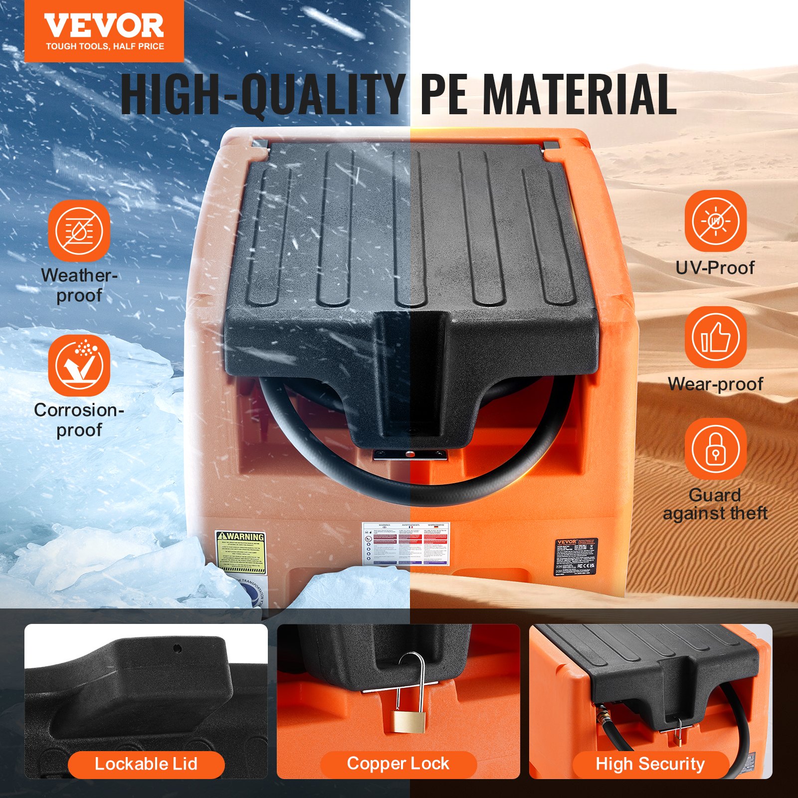VEVOR mobiele dieselcontainer, 48 gallons capaciteit, 10,6 GPM pompsnelheid, inclusief 12 V elektrische pomp, 13,1 ft slang en automatisch mondstuk, oranje dieselbrandstoftank voor soepel transport