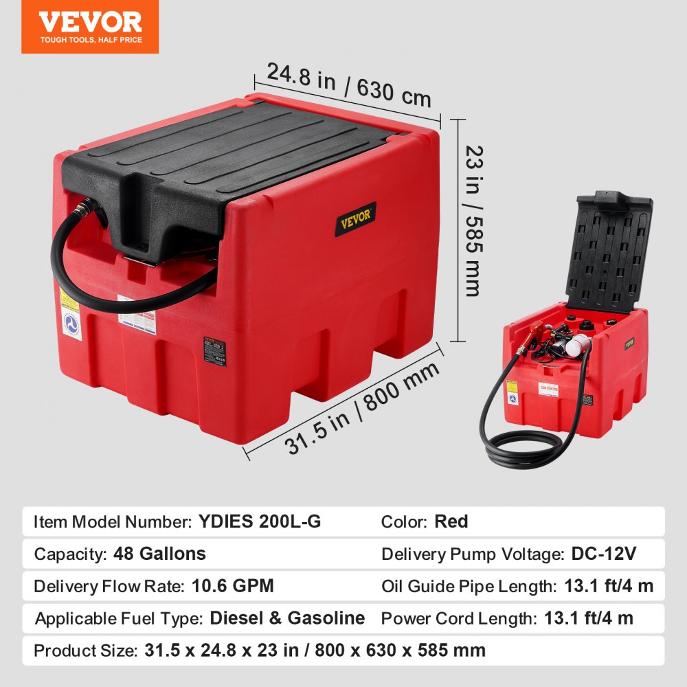 VEVOR draagbare diesel- en benzinetank, 48 gallons, 10,6 GPM stroomsnelheid, dieselbrandstoftank met 12V elektrische transferpomp, 13,1 voet slang, automatisch brandstofpistool, transfertank voor eenvoudig brandstoftransport, rood