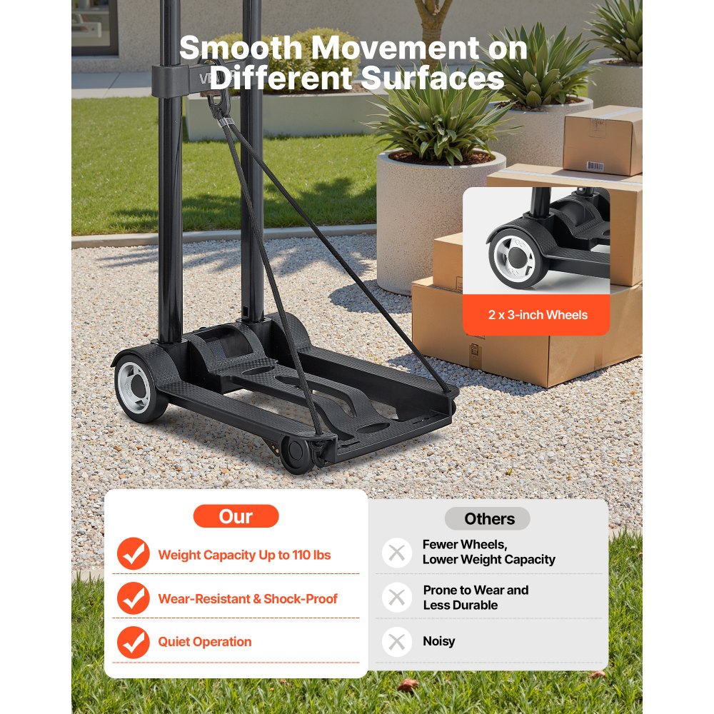 VEVOR Opvouwbare steekwagen, laadvermogen 50 kg, transportkar met 2 wielen en 1 elastisch koord, universele trolley met platform, voor luchthaven, reismeubilair, bagage, kantoorverhuizingen, zwart, 320 x 235 x 965 mm