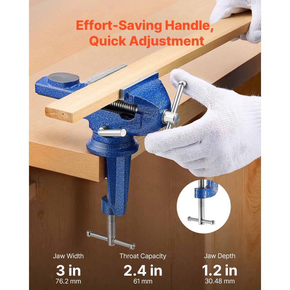 VEVOR Bench Vise, 3 Inch, Portable Workbench Vice with 360° Swivel Base, Quick Release Rotating Bench Clamp, Raised Base, Cast Iron Construction, for Woodworking, Metalworking, Drilling, and Cutting