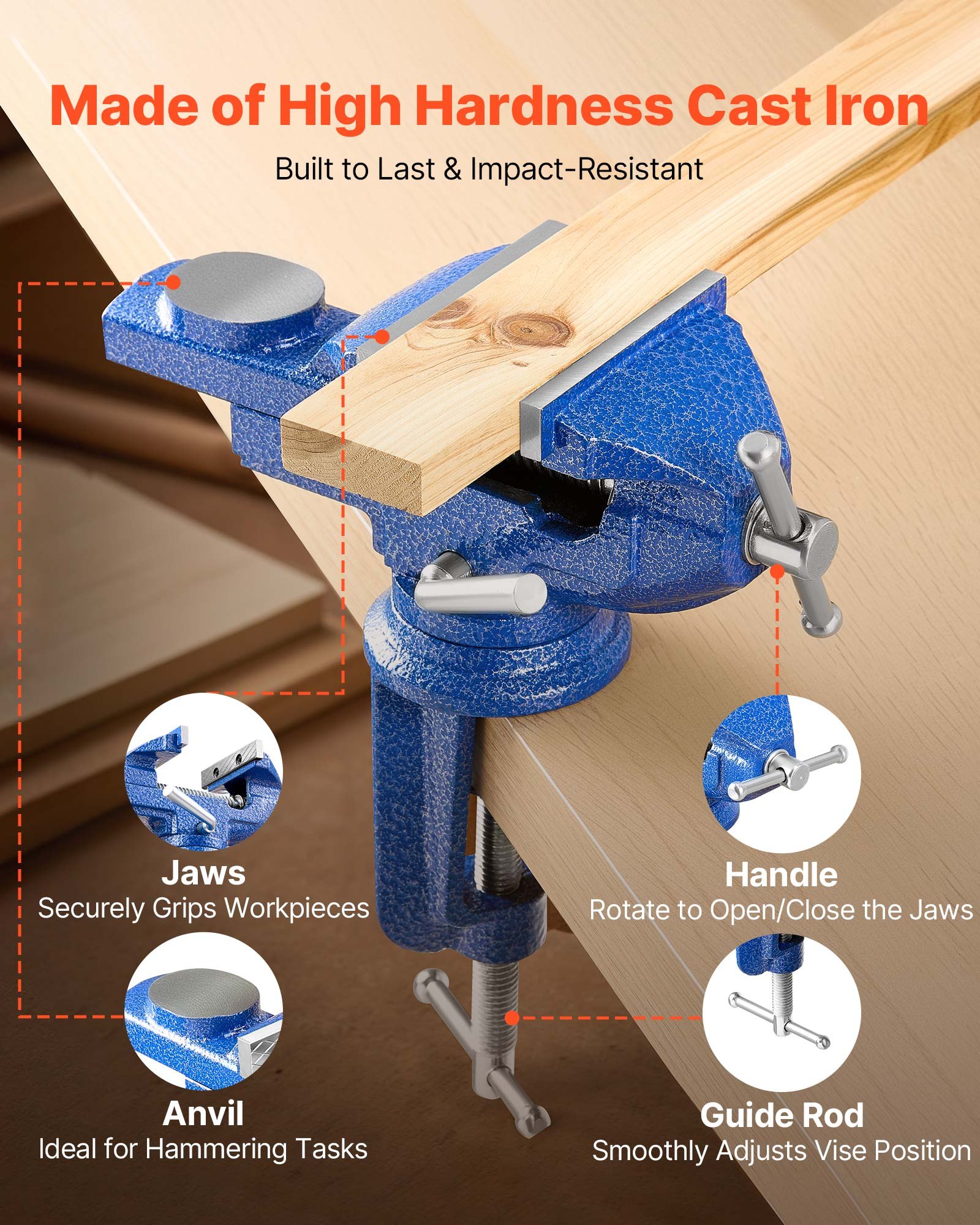 VEVOR Bench Vise, 3 Inch, Portable Workbench Vice with 360° Swivel Base, Quick Release Rotating Bench Clamp, Raised Base, Cast Iron Construction, for Woodworking, Metalworking, Drilling, and Cutting
