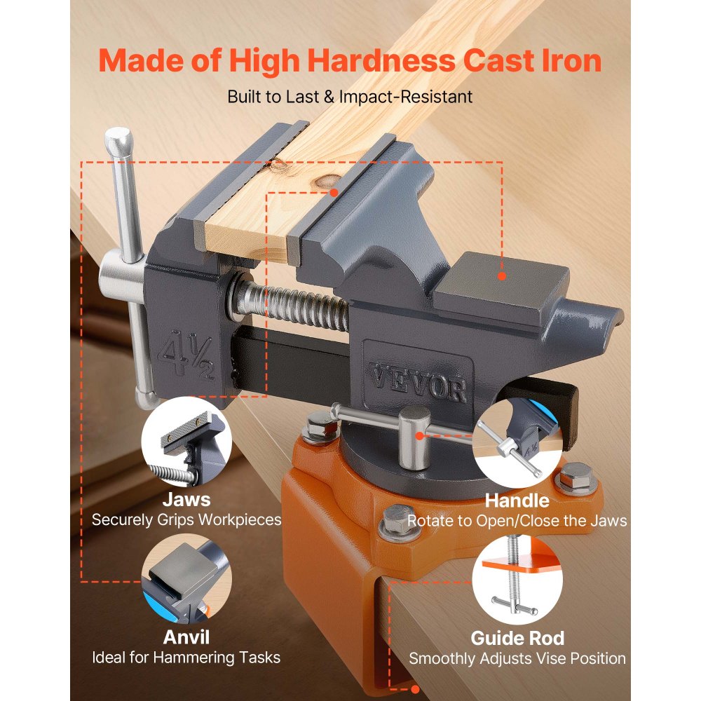 VEVOR bankschroef, 114,3 mm, tafelbankschroef met 270° draaivoet, werkbankbankschroef van gietijzer, voor houtbewerking, metaalboren, graveren, slijpen, lassen en snijden