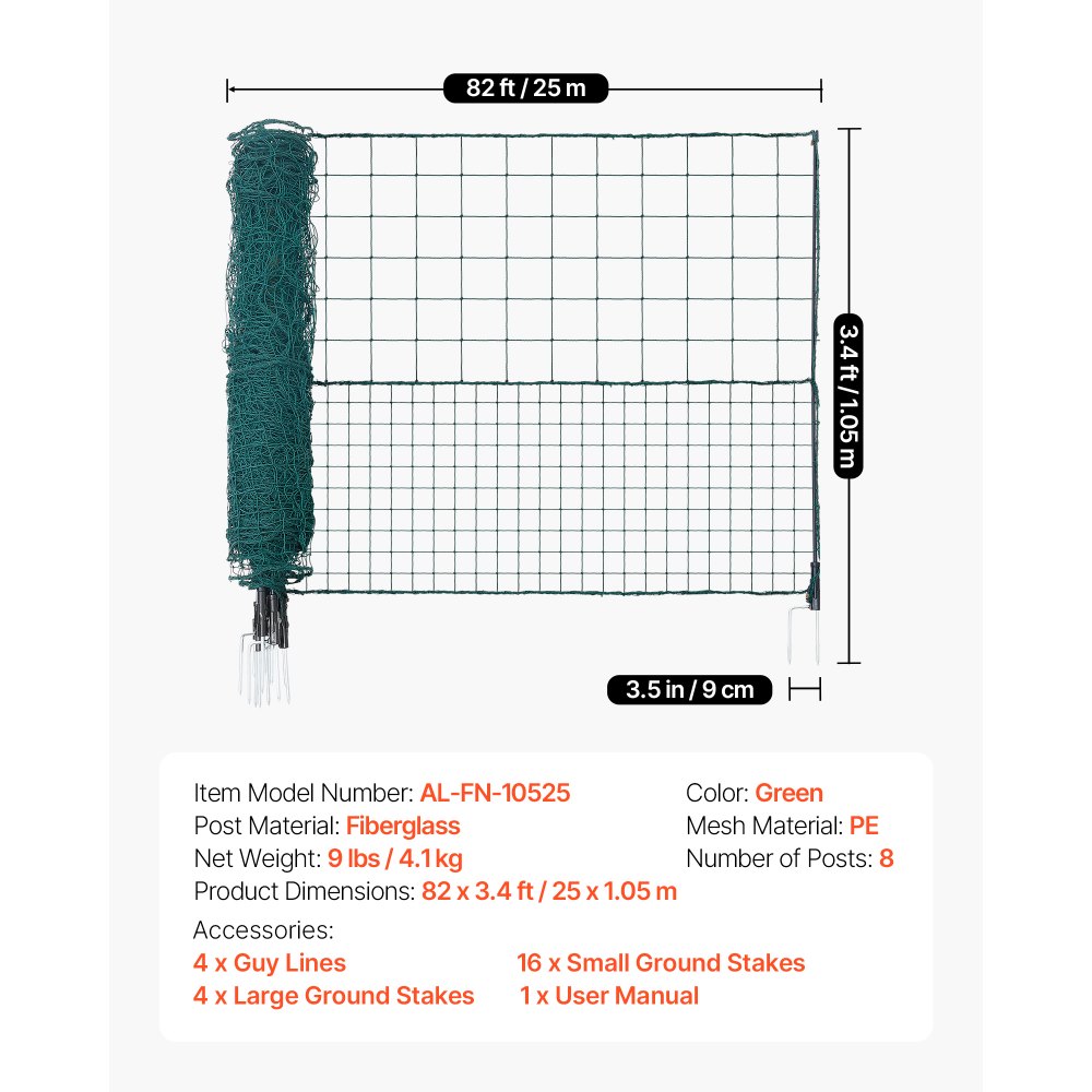 VEVOR grenshek 25x1,05 m, PE weidehek, mobiel hondenhek met dubbele puntpalen en scheerlijnen, kippenhek, tuinhek, campinghek voor honden, kippen, planten, buitenruimtes