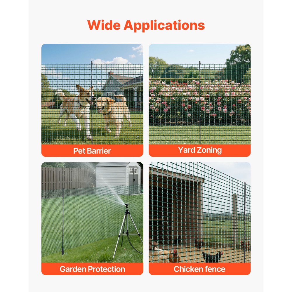 VEVOR Temporary Fence with Posts, 3.9 x 82 FT Plastic Mesh Fencing, Garden Safety Fences Netting with Double-Spike Stakes & Guy Ropes, Temporary Fence for Dogs, Chickens, Plants, Outdoor Yards
