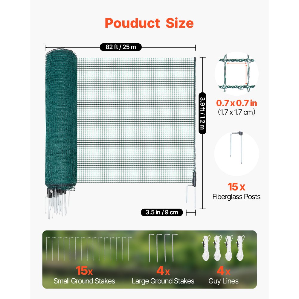 VEVOR grenshek 25x1,2 m, PE weidehek, mobiel hondenhek met dubbele puntpalen en scheerlijnen, kippenhek, tuinhek, campinghek voor honden, kippen, planten, buitenruimtes