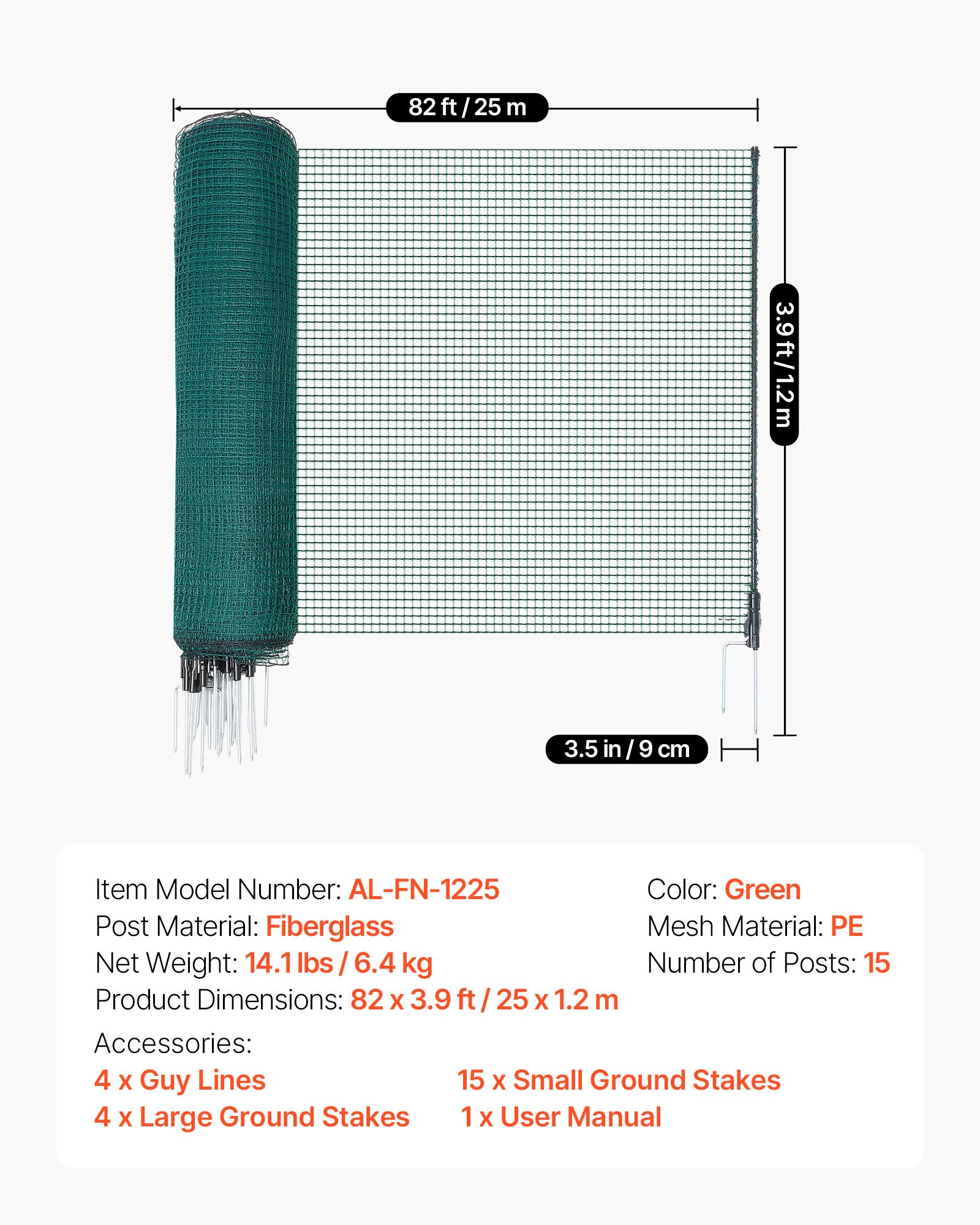 VEVOR Temporary Fence with Posts, 3.9 x 82 FT Plastic Mesh Fencing, Garden Safety Fences Netting with Double-Spike Stakes & Guy Ropes, Temporary Fence for Dogs, Chickens, Plants, Outdoor Yards