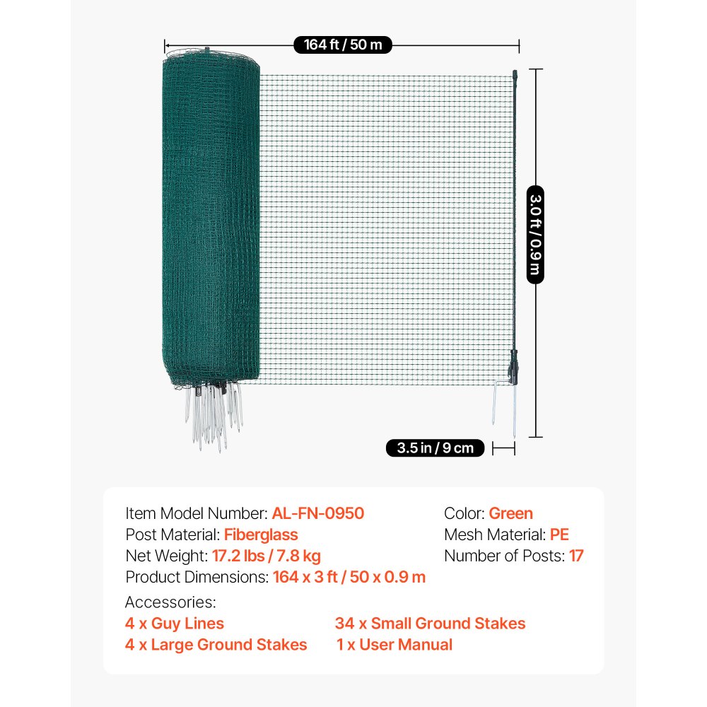 VEVOR grenshek 50x0,9 m, PE weidehek, mobiel hondenhek met dubbele puntpalen en scheerlijnen, kippenhek, tuinhek, campinghek voor honden, kippen, planten, buitenruimtes