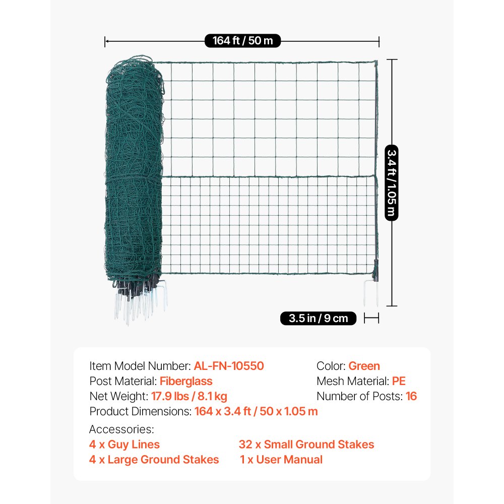 VEVOR grenshek 50x1,05 m, PE weidehek, mobiel hondenhek met dubbele puntpalen en scheerlijnen, kippenhek, tuinhek, campinghek voor honden, kippen, planten, buitenruimtes