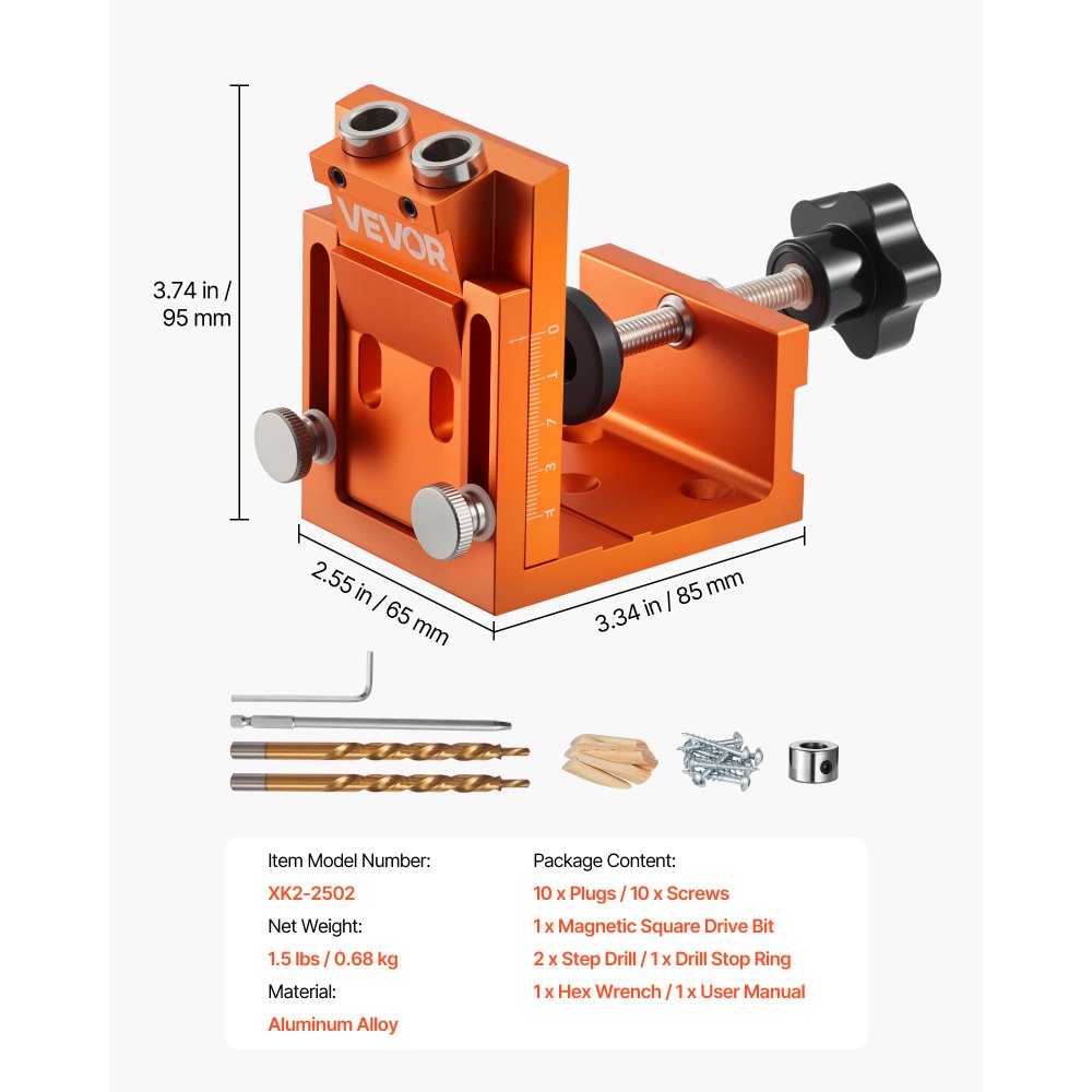 VEVOR Pocket Hole Jig Set 12-48 mm Pocket Hole Jig-systeem met trapboor, inbussleutel, boorstopring, vierkante aandrijfbit, pluggen en schroeven