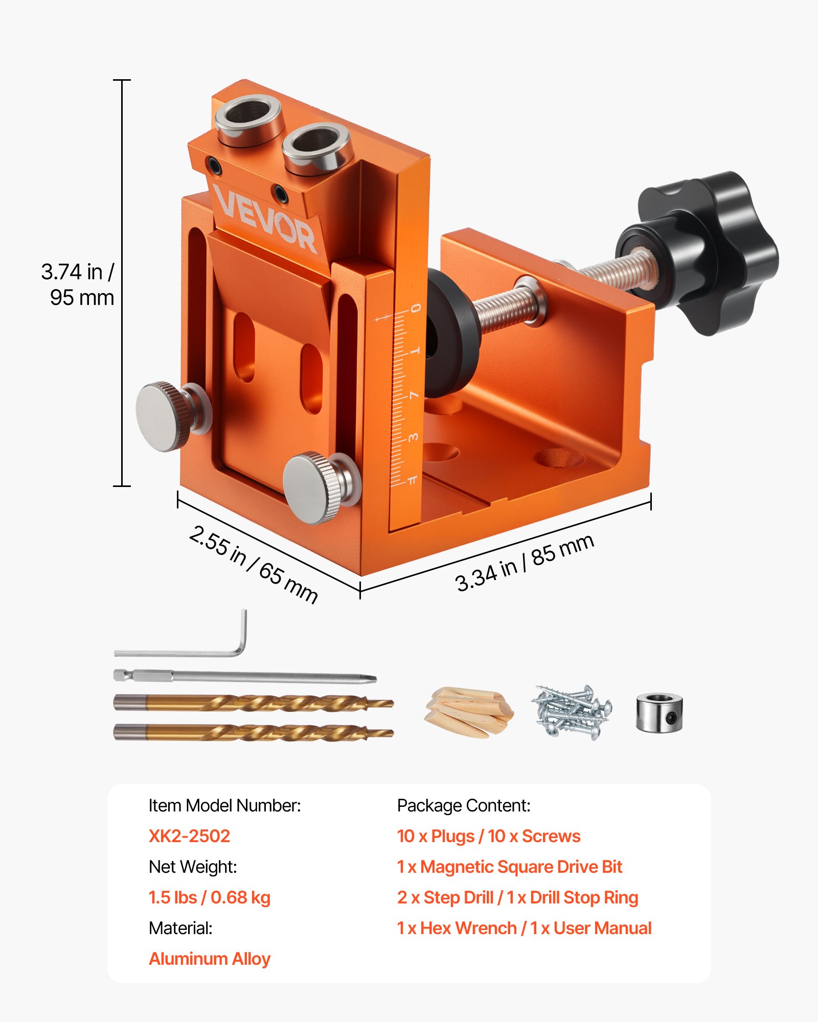 VEVOR Pocket Hole Jig Set 12-48 mm Pocket Hole Jig-systeem met trapboor, inbussleutel, boorstopring, vierkante aandrijfbit, pluggen en schroeven