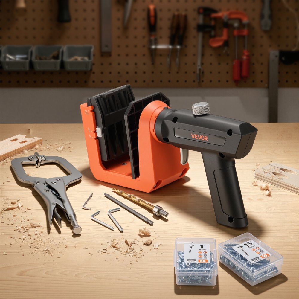 VEVOR Pocket Hole Jig, Pocket Hole boormalset, 12,7, 19, 38,1 mm, 360° draaibare handgreep, 260 schroeven, C-klem, aanslagring, boortjes, eenvoudig klemmen en afstellen, voor houtbewerking