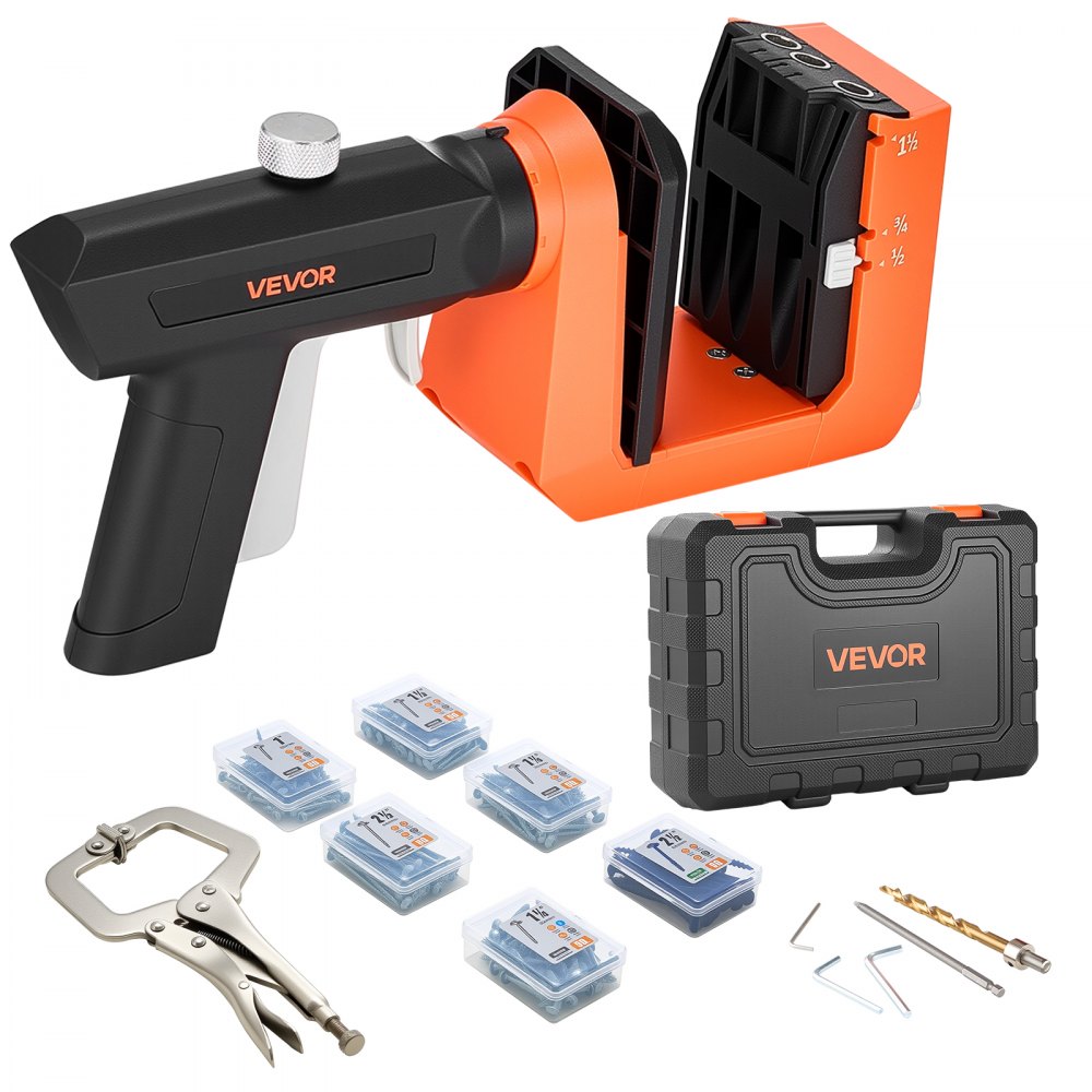 VEVOR Pocket Hole Jig, Pocket Hole boormalset, 12,7, 19, 38,1 mm, 360° draaibare handgreep, 260 schroeven, C-klem, aanslagring, boortjes, eenvoudig klemmen en afstellen, voor houtbewerking