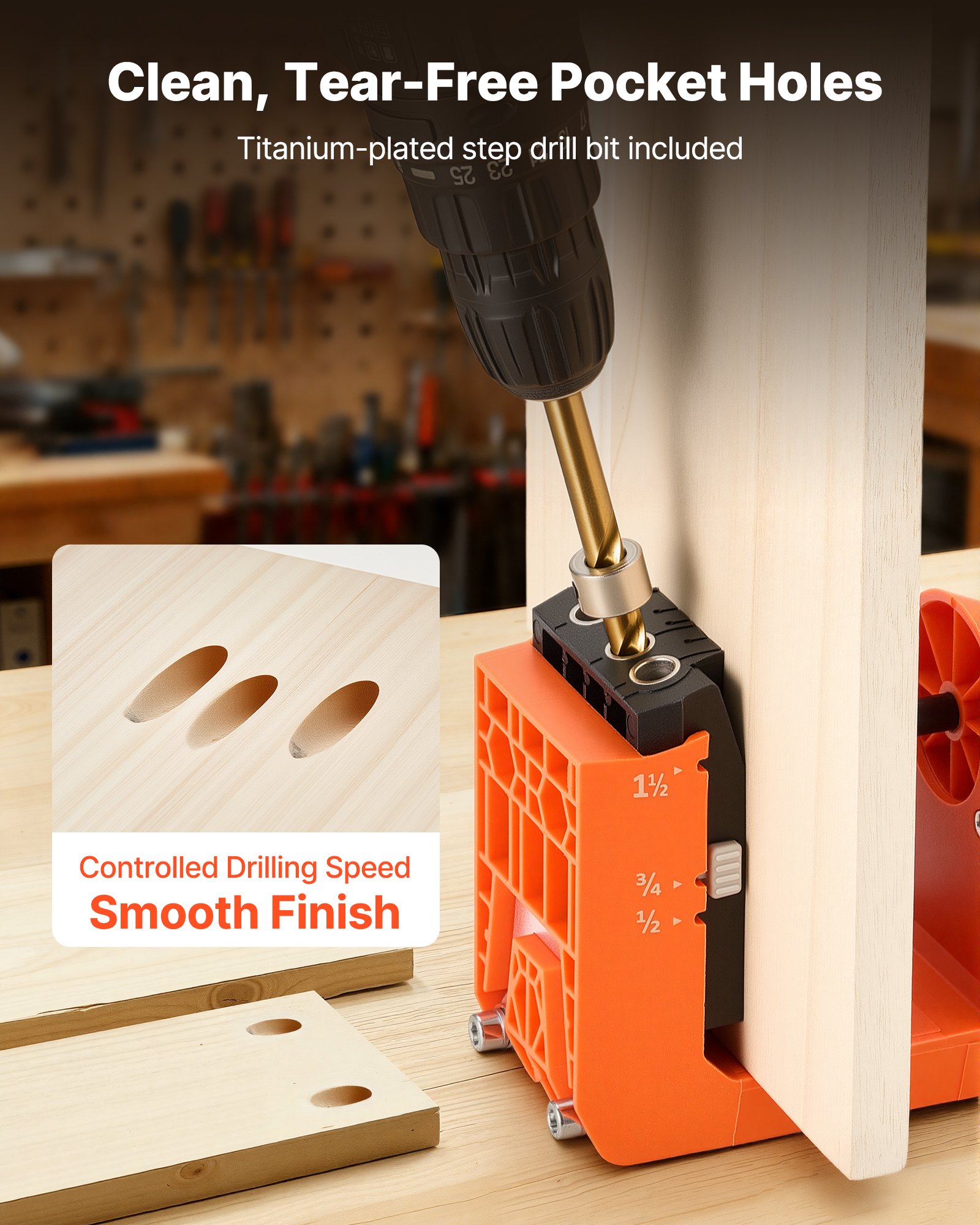 VEVOR Pocket Hole Jig, Pocket Hole boormalset, 12,7, 19, 38,1 mm, 360° draaibare handgreep, 260 schroeven, C-klem, aanslagring, boortjes, eenvoudig klemmen en afstellen, voor houtbewerking