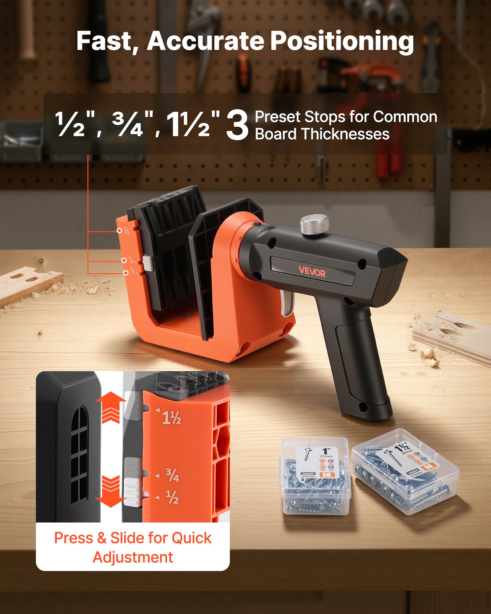 VEVOR Pocket Hole Jig, Pocket Hole boormalset, 12,7, 19, 38,1 mm, 360° draaibare handgreep, 260 schroeven, C-klem, aanslagring, boortjes, eenvoudig klemmen en afstellen, voor houtbewerking
