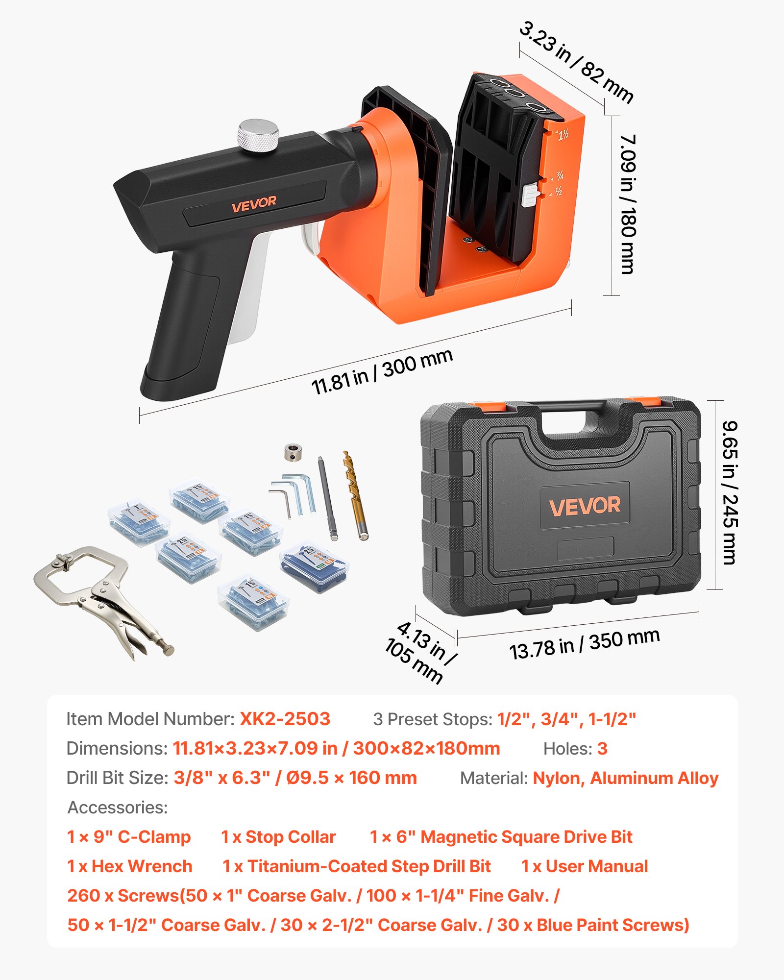 VEVOR Pocket Hole Jig, Pocket Hole boormalset, 12,7, 19, 38,1 mm, 360° draaibare handgreep, 260 schroeven, C-klem, aanslagring, boortjes, eenvoudig klemmen en afstellen, voor houtbewerking