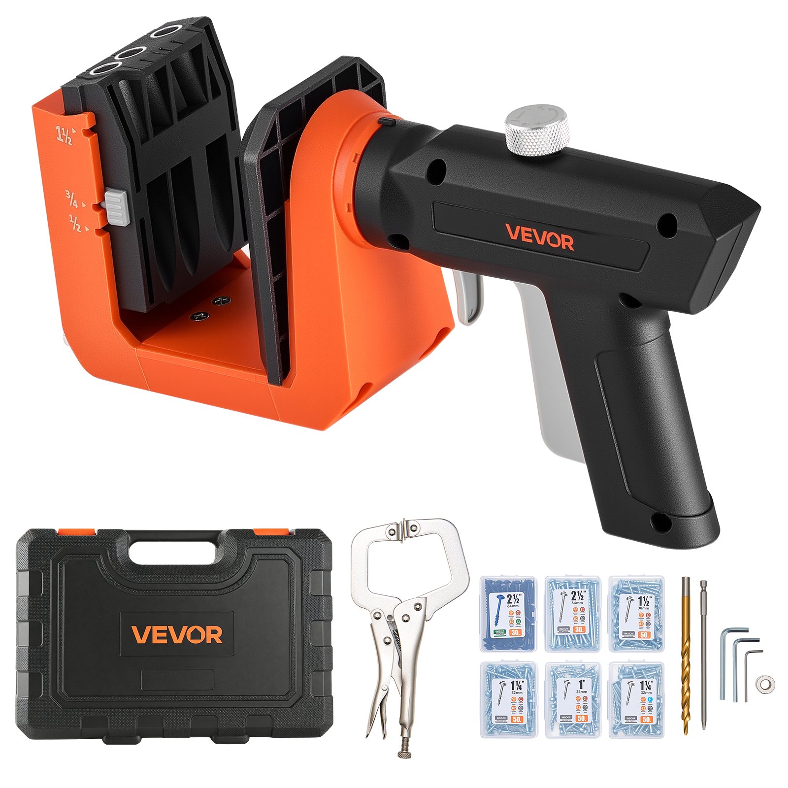 VEVOR Pocket Hole Jig, Pocket Hole boormalset, 12,7, 19, 38,1 mm, 360° draaibare handgreep, 260 schroeven, C-klem, aanslagring, boortjes, eenvoudig klemmen en afstellen, voor houtbewerking