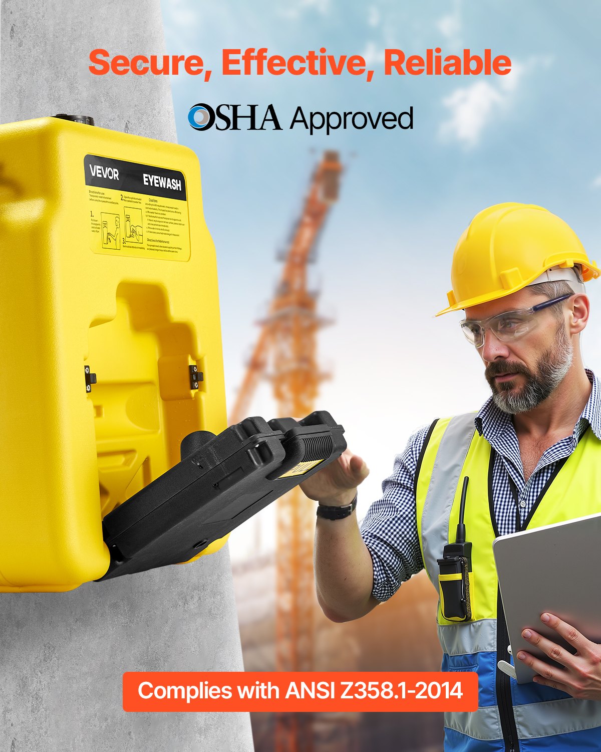 VEVOR 53 L Oogspoelstation, OSHA-goedgekeurd oogspoelstation voor wandmontage/vlak oppervlak, oogreinigingsapparaat met 2 sproeiers, EHBO-oogspoelunits voor scholen, laboratoria en fabrieken, geel