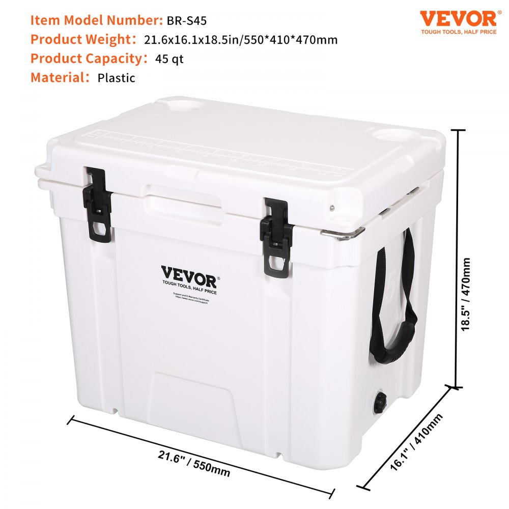 VEVOR Insulated Portable Cooler, 45 qt, Holds 45 Cans, Ice Retention Hard Cooler with Heavy Duty Handle, Ice Chest Lunch Box for Camping, Beach, Picnic, Travel, Outdoor, Keeps Ice for up to 6 Days
