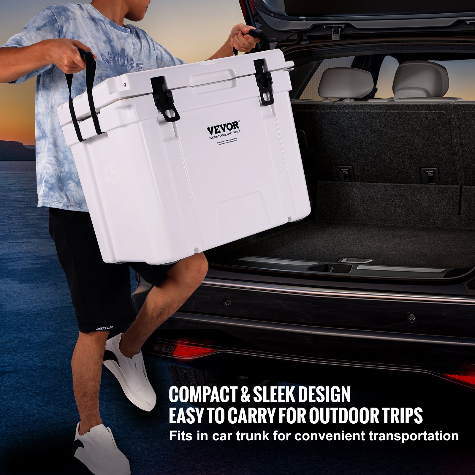 VEVOR Insulated Portable Cooler, 45 qt, Holds 45 Cans, Ice Retention Hard Cooler with Heavy Duty Handle, Ice Chest Lunch Box for Camping, Beach, Picnic, Travel, Outdoor, Keeps Ice for up to 6 Days