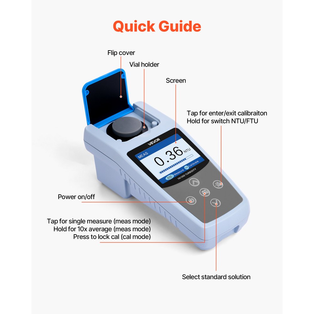 VEVOR Troebelheidsmeter Meetbereik 0-1000 NTU, ISO 7027-conform, draagbare troebelheidsmeter, snelle uitlezing, met kalibratie-oplossingen, monsterflesjes en draagtas, voor veld en installatie