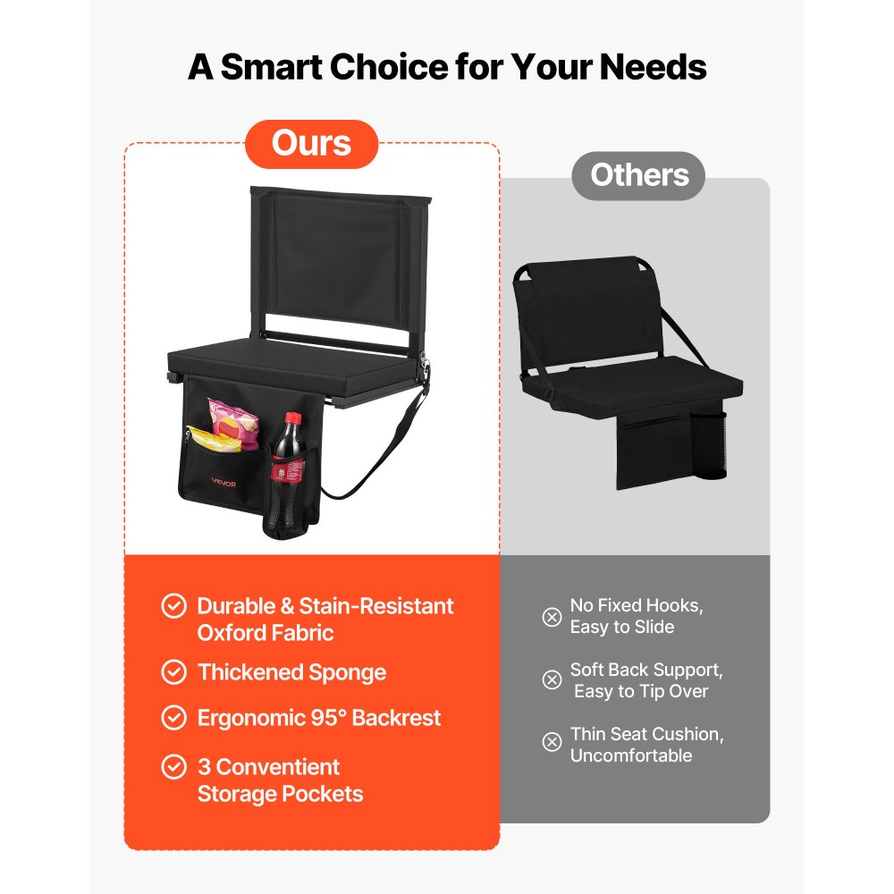 VEVOR Stadionstoel, opvouwbare tribunestoel met rugleuning, gevoerde tribunestoel met schouderband, bekerhouder, haak en nettas, stadionstoel (431,8 mm breed) Zwart, 1 st.