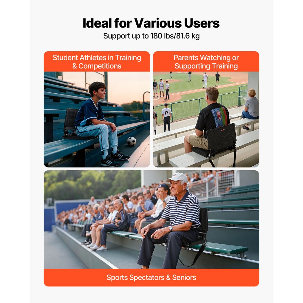 VEVOR Stadium Seat Opvouwbare Tribunestoel met Rugleuning, Gevoerde Tribunestoel met Schouderband, Stadium Chair Vloerstoel (424,18 mm breed) Gemaakt van Lycra Materiaal voor Tribunes Zwart 1 st.