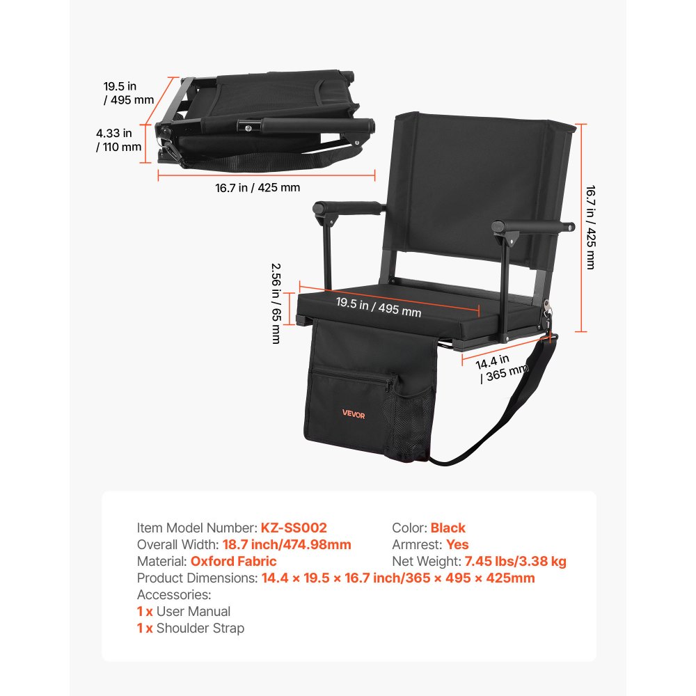 VEVOR Stadium Seat Draagbare tribunestoel met rugleuning en armleuningen, tribunestoel met schouderband, bekerhouder en haak, stadionstoel gemaakt van 600D Oxford-stof (totale breedte 474,98 mm) Zwart