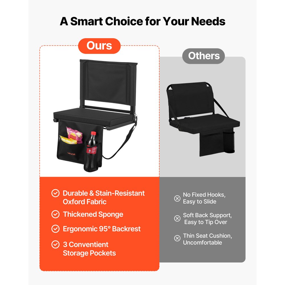 VEVOR Stadium Seat, opvouwbare tribunestoel met rugleuning, gevoerde tribunestoel met schouderband, bekerhouder, haak en zijvak, stadionstoel (431,8 mm breed) Zwart, 2 st.