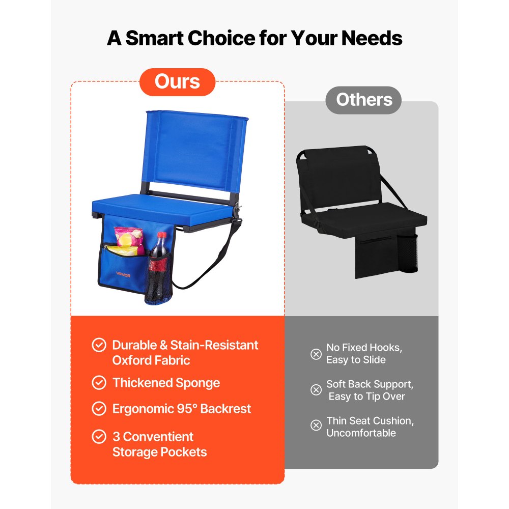 VEVOR Stadium Seat, opvouwbare tribunestoel met rugleuning, gevoerde tribunestoel met schouderband, bekerhouder, haak en zijvak, stadionstoel (431,8 mm breed) blauw, 2 stuks.