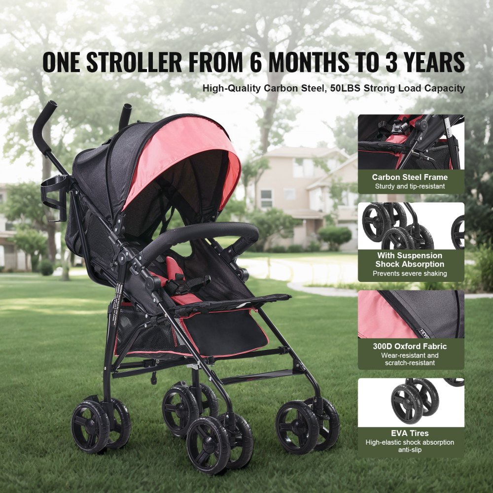 VEVOR Lightweight Stroller, Compact Easy Fold MultiPosition Recline Canopy Backrest, Carbon Steel Frame, Large Storage Basket, Umbrella Toddler Baby Stroller for Travel and More, Black/Pink