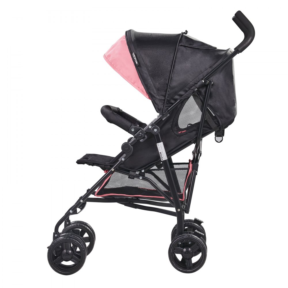 VEVOR Lightweight Stroller, Compact Easy Fold MultiPosition Recline Canopy Backrest, Carbon Steel Frame, Large Storage Basket, Umbrella Toddler Baby Stroller for Travel and More, Black/Pink