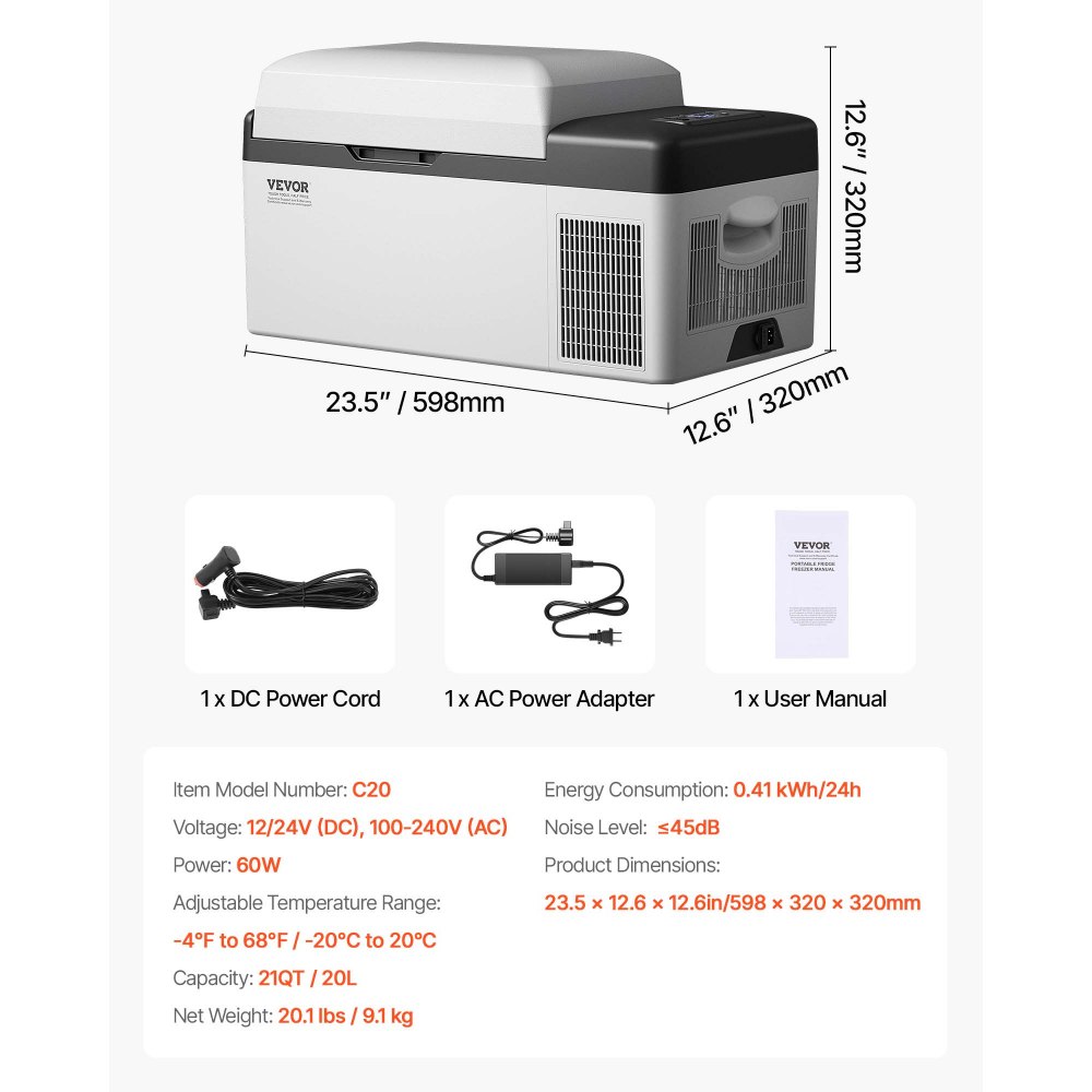 VEVOR Auto Koelkast Compressor, 20L Auto Koelkast Mini, 45W Mini Koelkast, APP of Handmatige Bediening, Geschikt voor Gebruik Thuis, in Auto's, Boten, Vrachtwagens om Dranken, Groenten, Fruit, enz