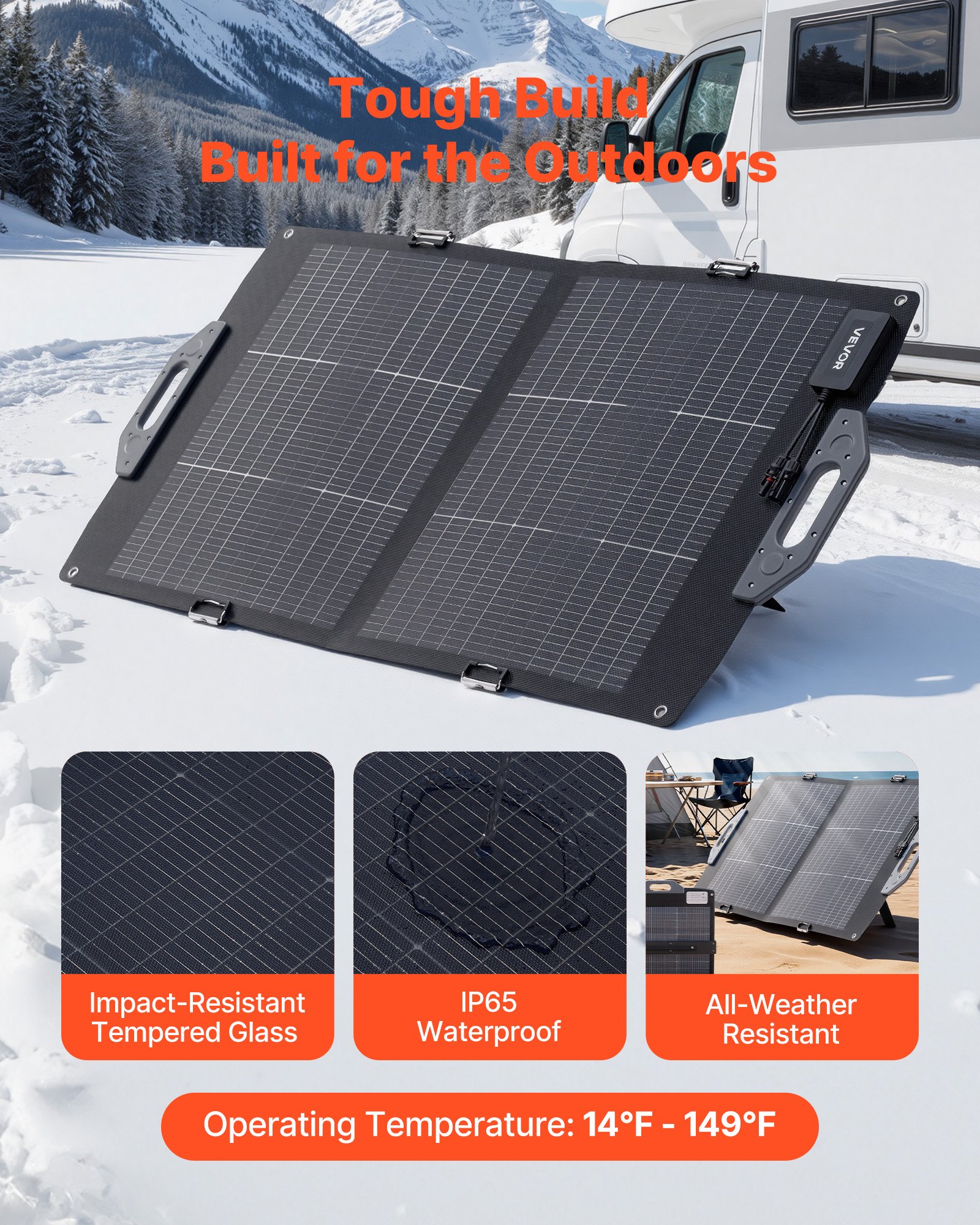 VEVOR opvouwbaar zonnepaneel 100W, 16BB N-type bifaciale monokristallijne zonnemodule met lader, 24% rendement, met MC4-uitgang, USB-A (QC3.0), Type-C en DC-poorten voor powerstations