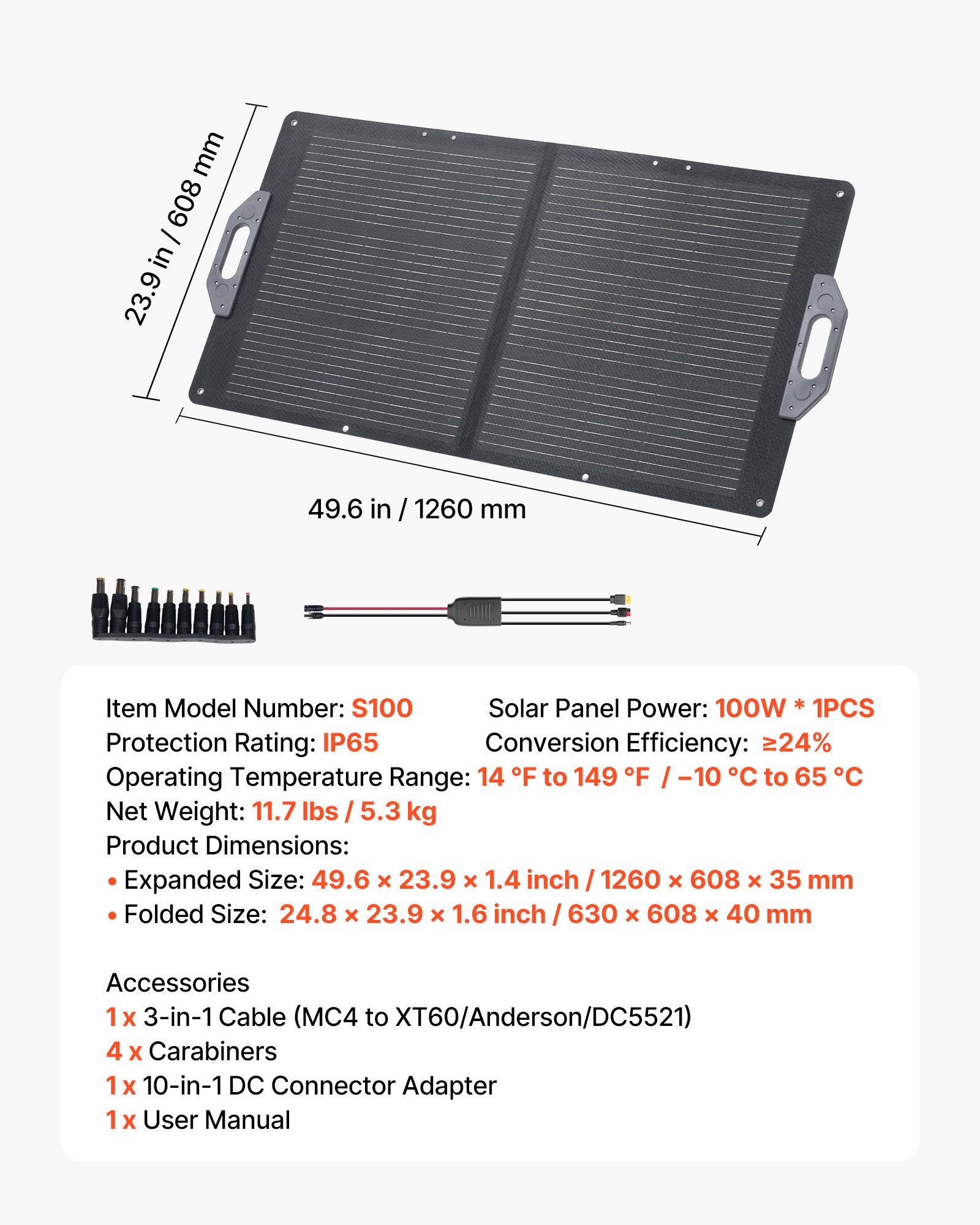 VEVOR opvouwbaar zonnepaneel 100W, draagbare zonneoplader met 24% hoog rendement, monokristallijne zonnemodule met MC4-uitgang, USB-A-, Type-C- en DC-poorten, IP65, voor powerstations, kamperen en wandelen.