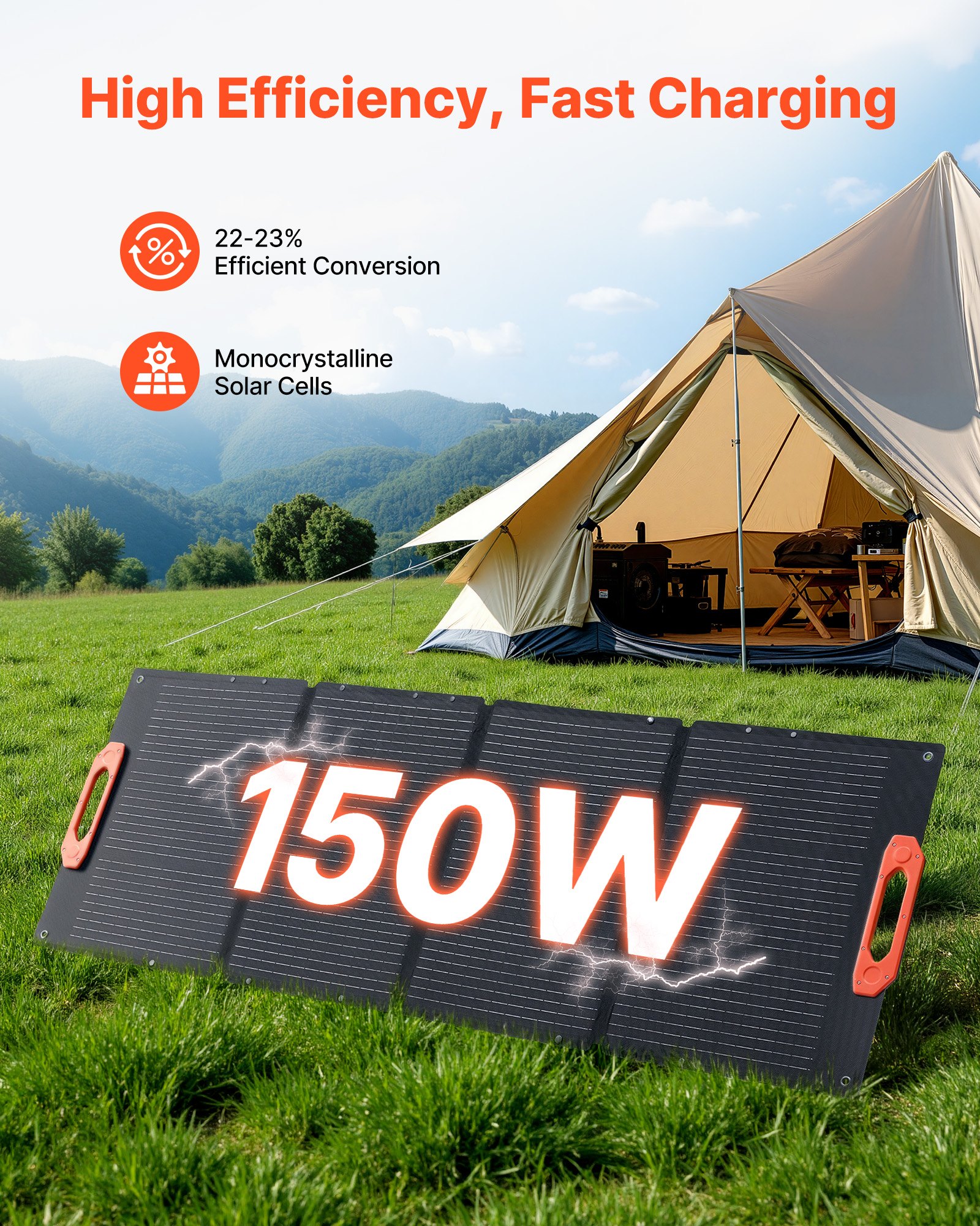 VEVOR Monokristallijne zonnepanelen 150W Opvouwbaar, draagbaar ETFE Mono zonnepaneel met MC4-uitgang, Type-C, QC3.0 USB- en DC-poorten, IP67 waterdicht voor powerstations, kamperen en wandelen